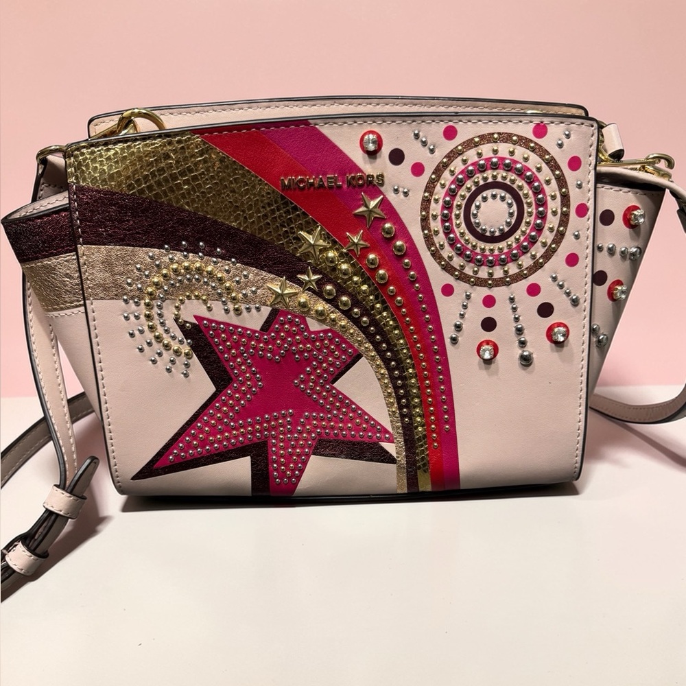 Michael Kors Selma Pink Leather Studded Firework Celestial Crossbody Bag RARE LE